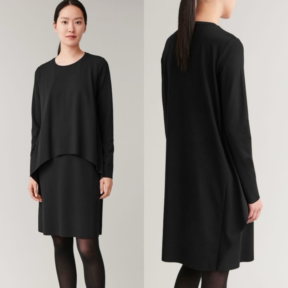 COS Black Midi Long Sleeve Layered Dress Jersey Size Large